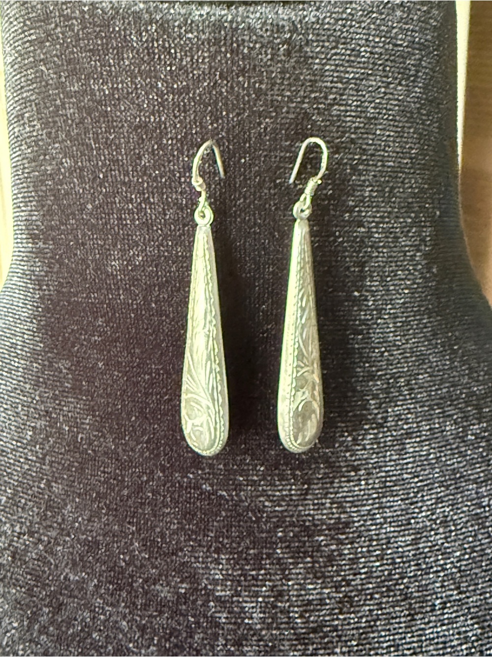 Sterling Silver Long Teardrop Engraved Dangle Earrings
